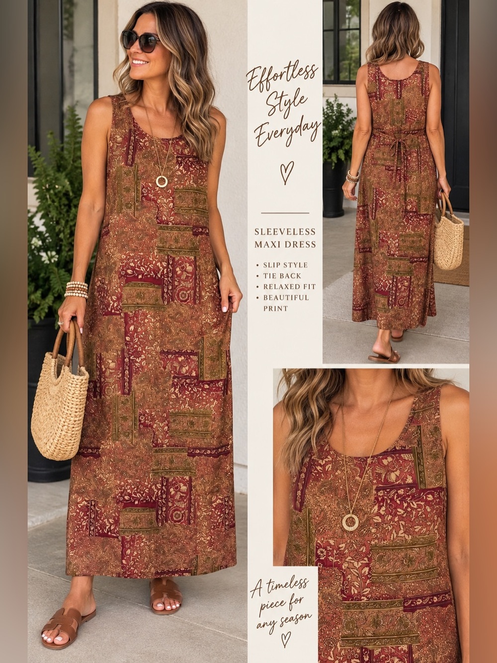 Boho Paisley Floral Patchwork Sleeveless Maxi Dress Tie Back